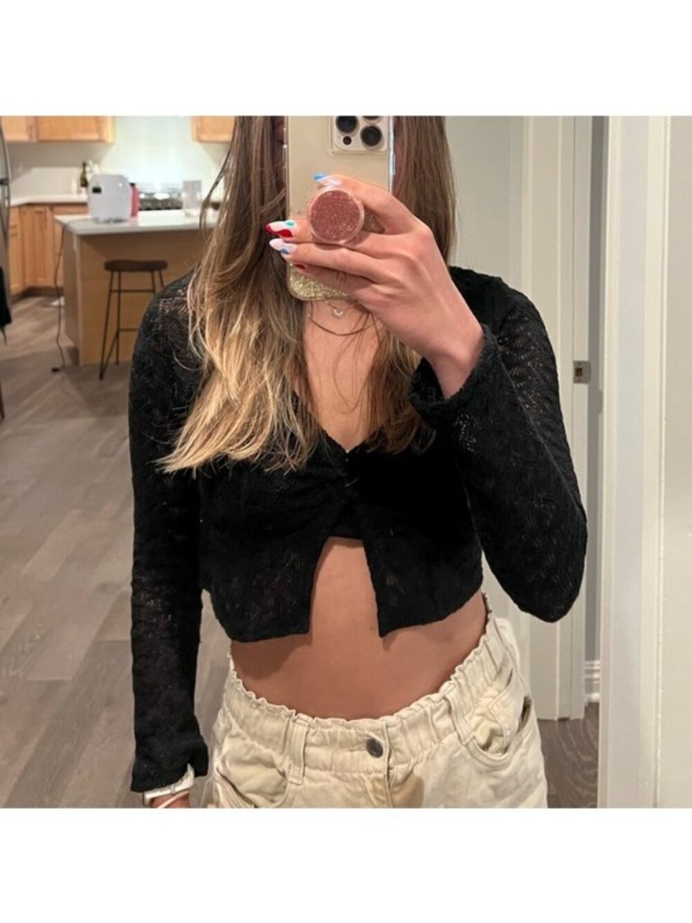 Free People Lace Knit Cropped Black Cardigan Size Small